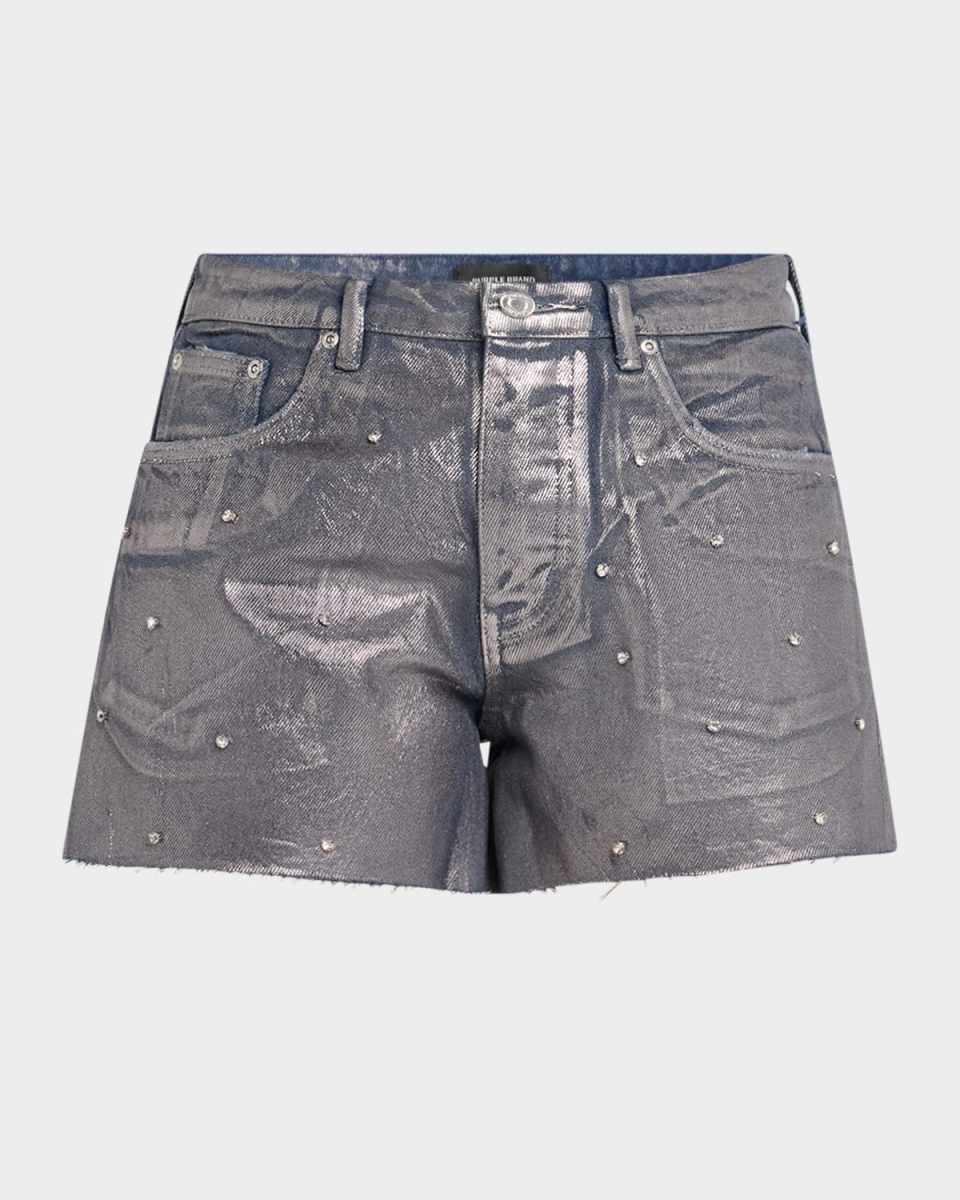 Foiled Denim Cut-Off Shorts with Rhinestones